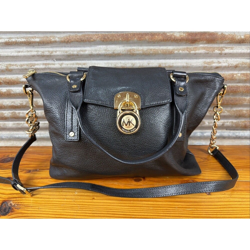 Michael Kors Hamilton Satchel Tote Leather Bag Black with Gold Lock and Chain